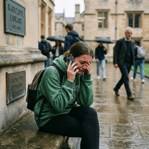 Student crying while calling on phone outside Radcliffe Library