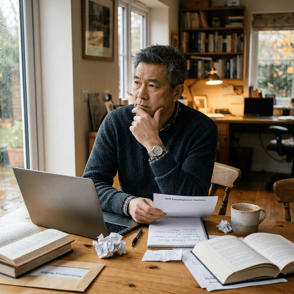 Man reviewing “Self-Employment Options” document at desk with laptop and books