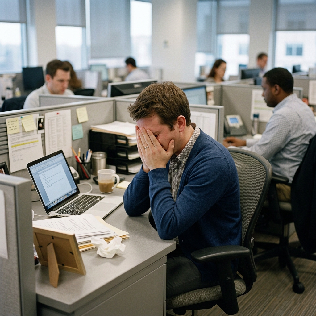 Workplace stress during a demanding office day Stressed employee covering her face at an office desk