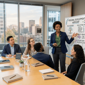 Business team meeting beside a whiteboard labeled Team Strategy 2024