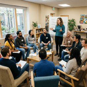 Diverse team discussing ideas during a workshop around a seated presenter